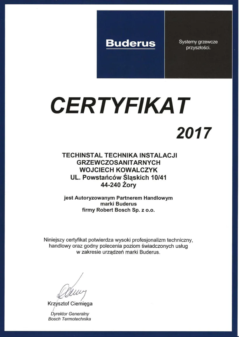 Certyfikat: Autoryzowany Partner Buderus