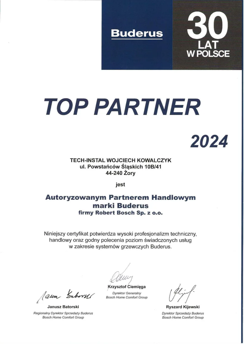 Certyfikat: Buderus - „30 lat w Polsce" TOP PARTNER