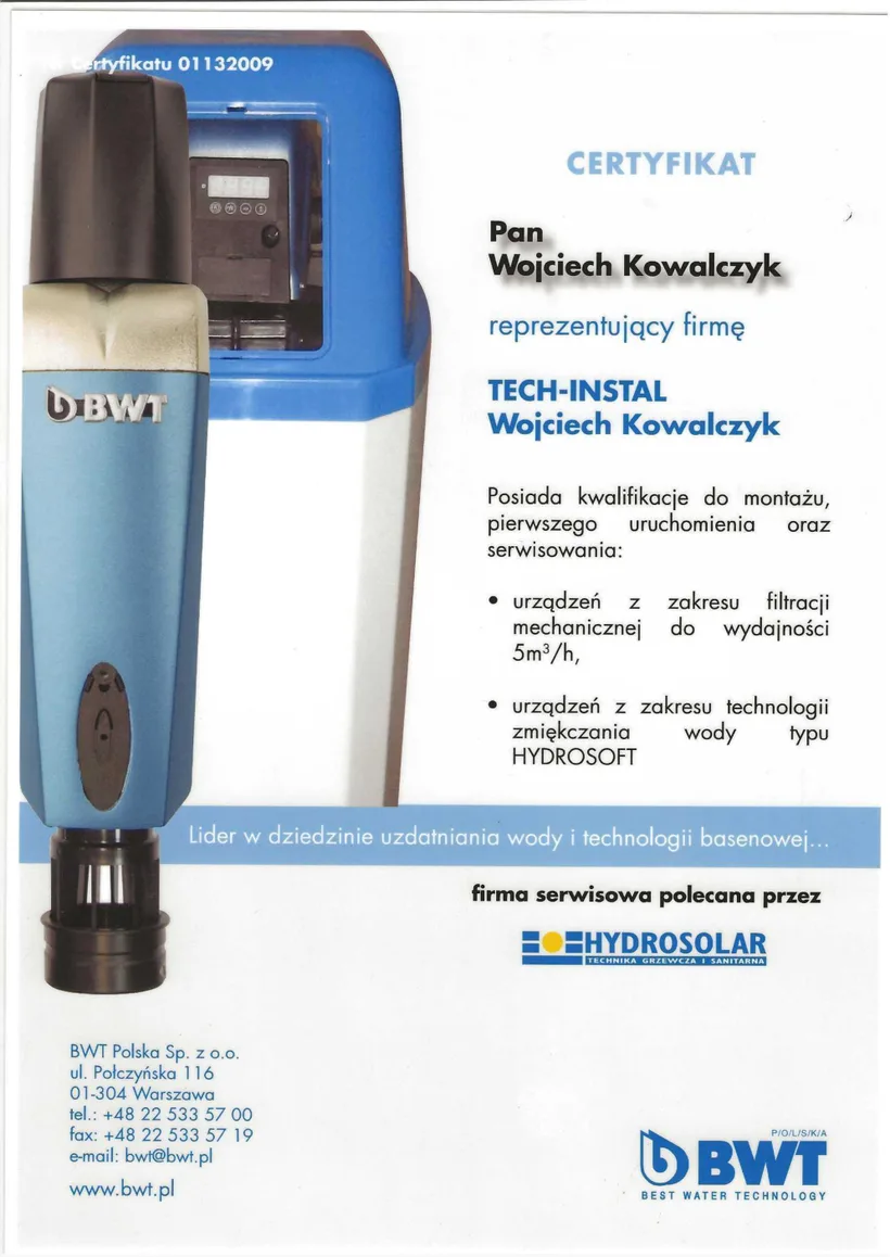 Certyfikat: BWT - uzdatnianie wody