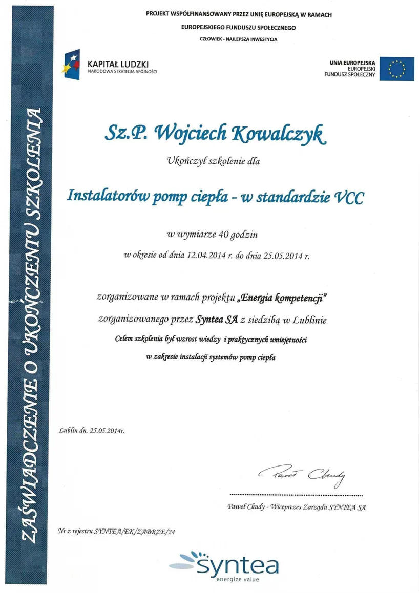 Certyfikat: Instalator pomp ciepła (VCC)